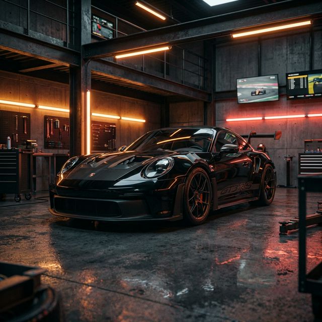 Black Porsche GT3 RS in High-Tech Garage